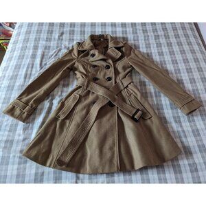 H&M Divided Belted Khaki Flared Double Breasted Trench Coat (Beige Size 2)